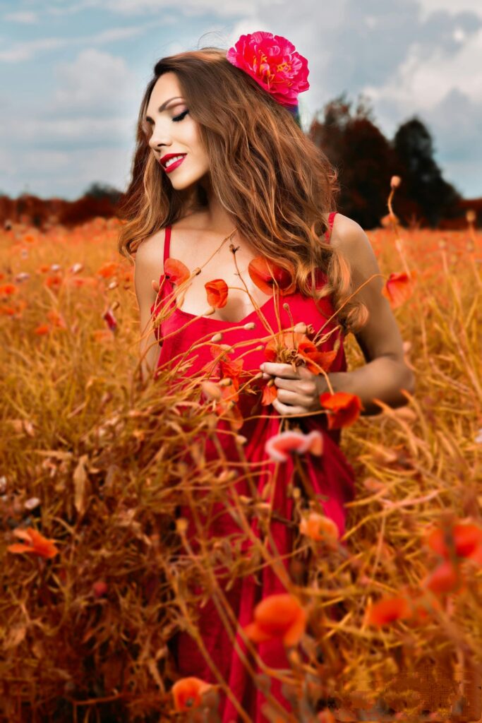Serene woman in field, woman at peace